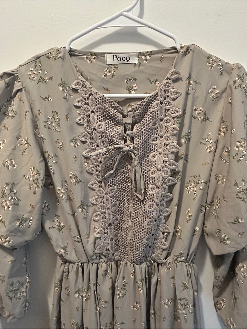 Vintage Taupe Floral Lace-Front Midi Dress with Tie Neck